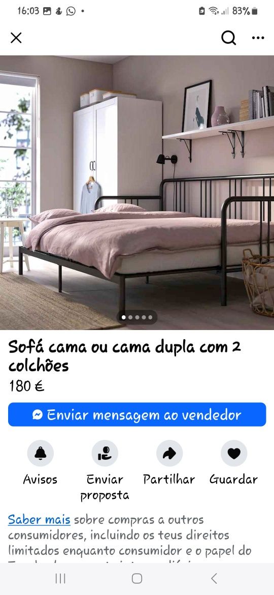 Sofá cama preta com 2 colchões