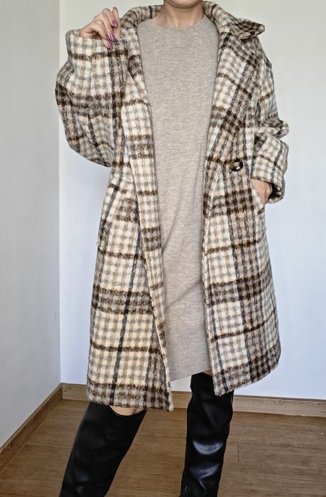 Płaszcz italy wełniany wełna oversize krata jesienny zimowy ciepły