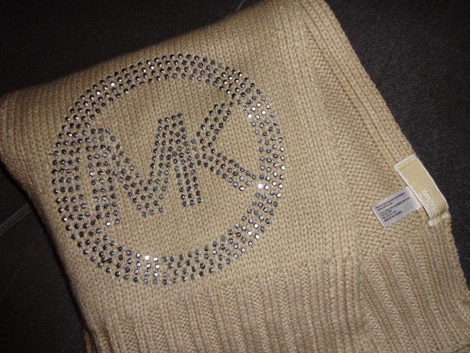 MICHAEL KORS jasno brązowy beżowy ciepły szal szalik srebrne cekiny