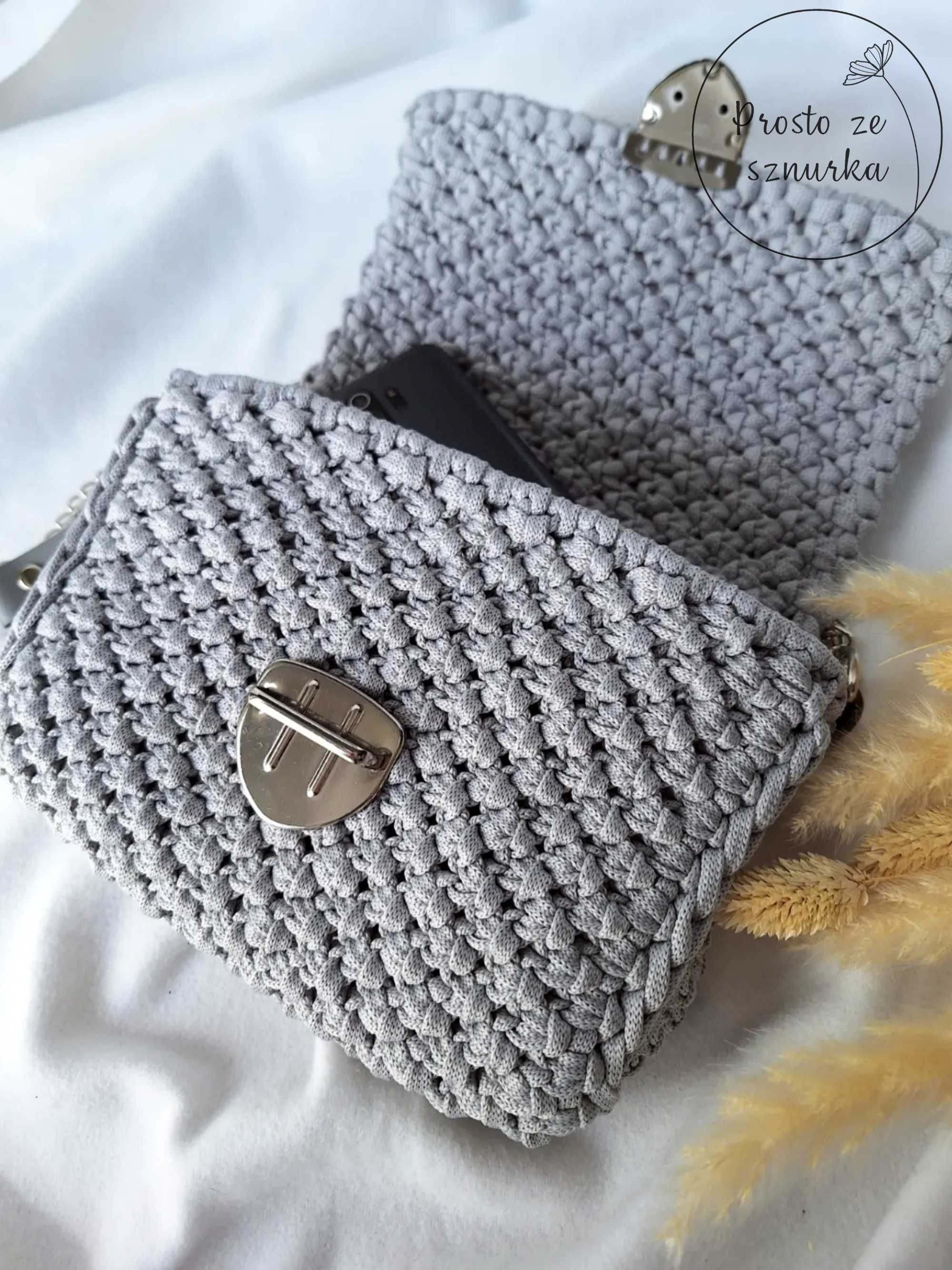 Torebka ze sznurka na łańcuszku ze skórą naturalną makrama handmade