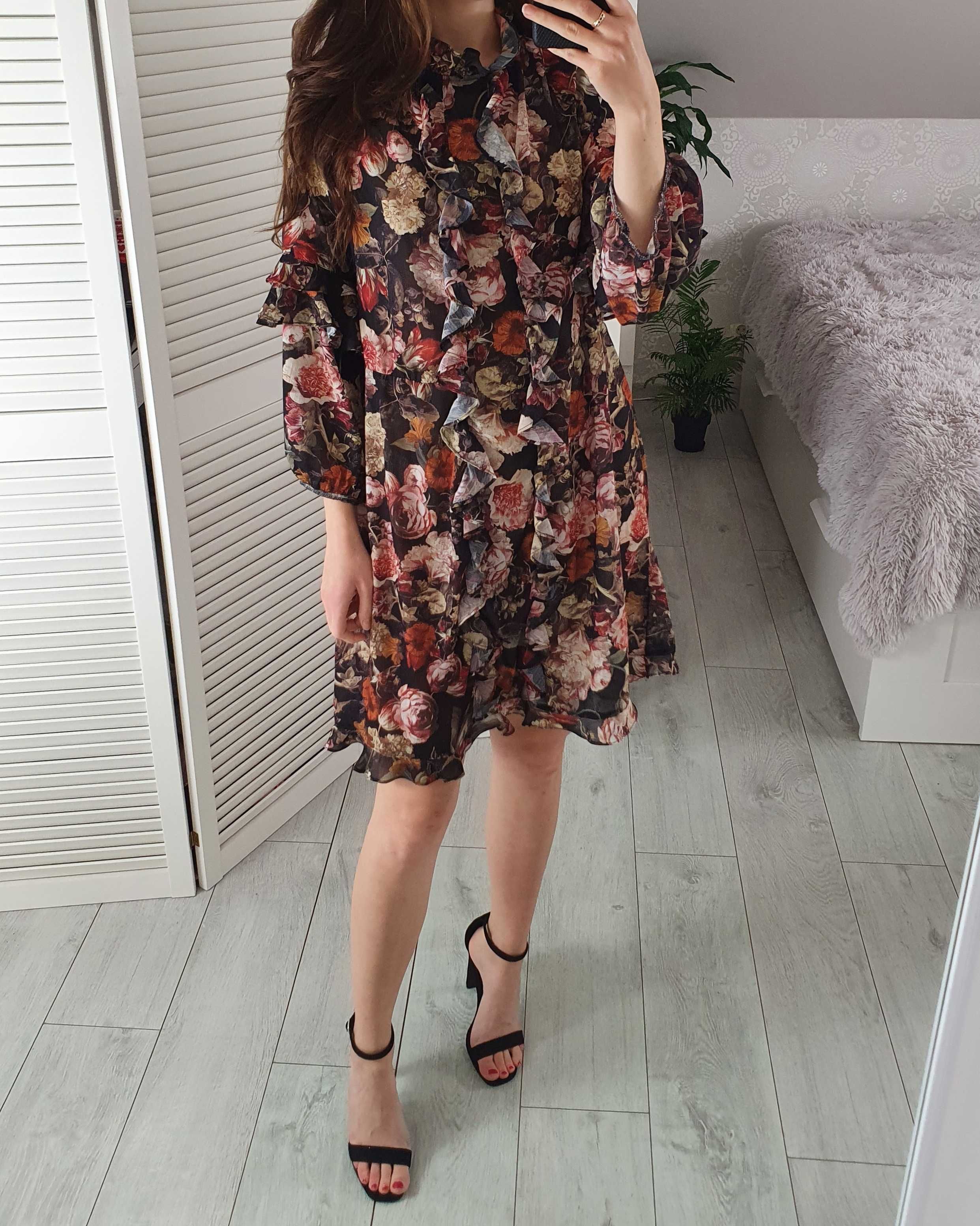 H&M sukienka w kwiaty szyfonowa oversize 34 XS