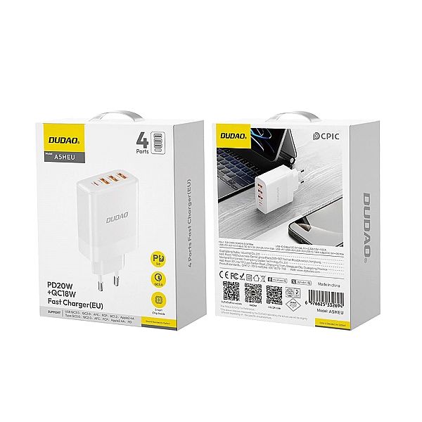 Ładowarka Dudao A5HEU sieciowa 3x USB-A 1x USB-C PD20W - biała