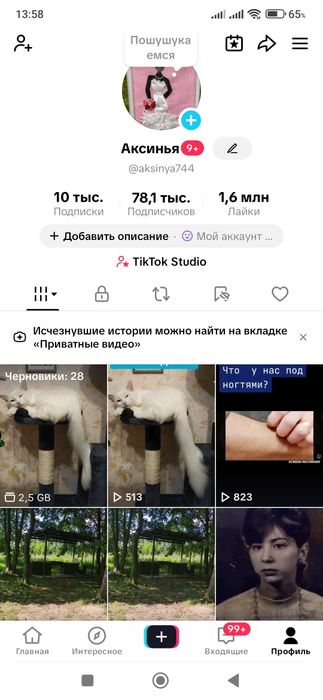 Тик-ток аккаунт свой ничего не накручено, живые подписки