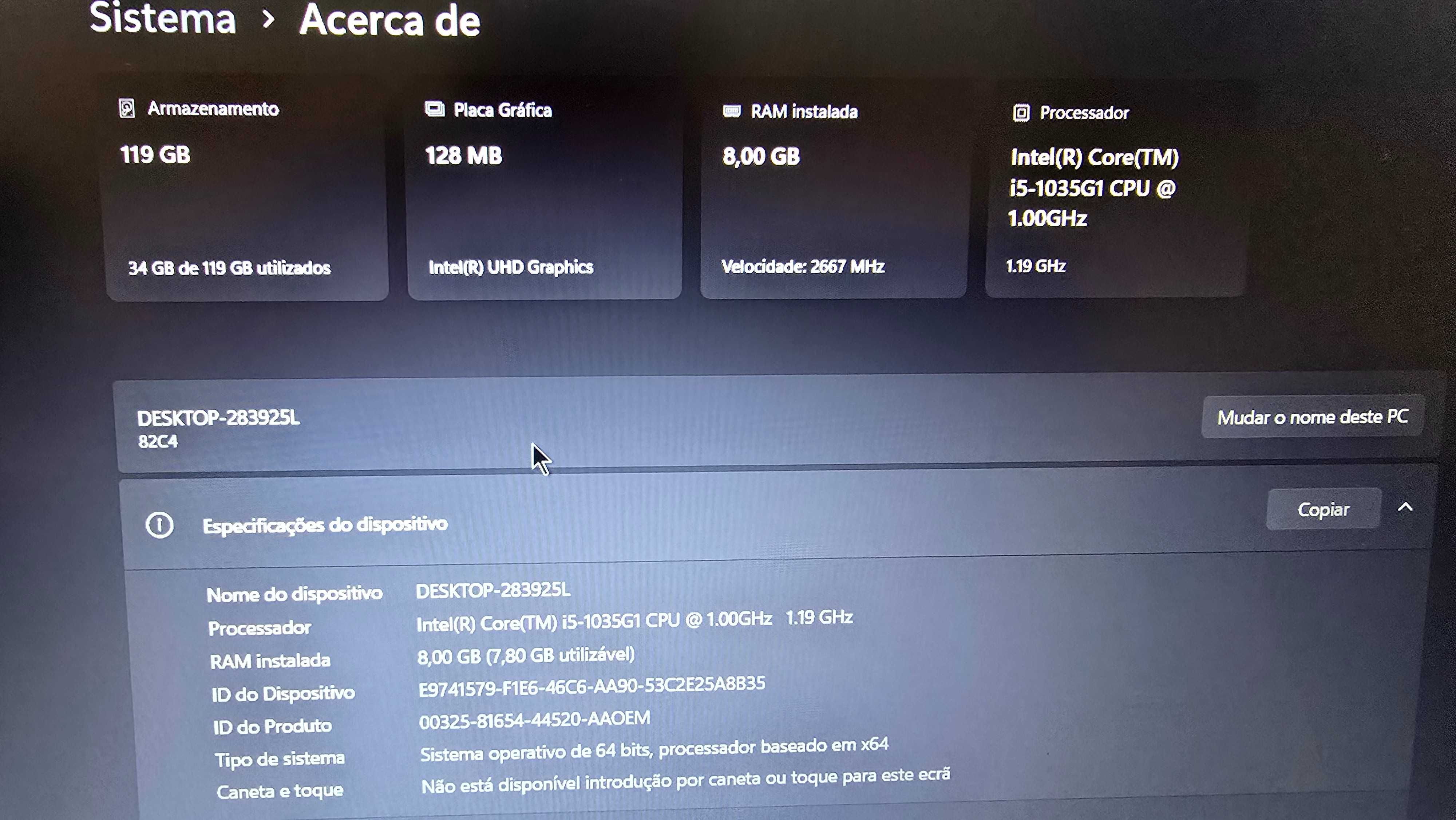 Portatil Lenovo 14" i5 10ª geração, 8gb Ram, SSD