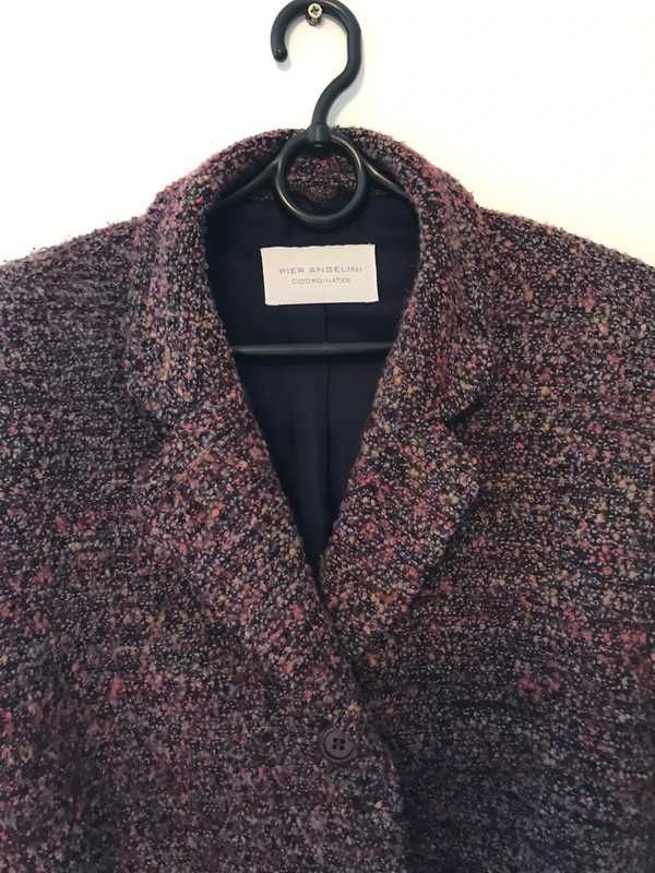 Fioletowy ciepły płaszcz płaszczyk wełniany Pier Angelini 42 XL