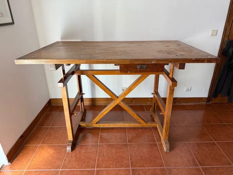 Estirador vintage em madeira maciça, adjustable drafting table/desk