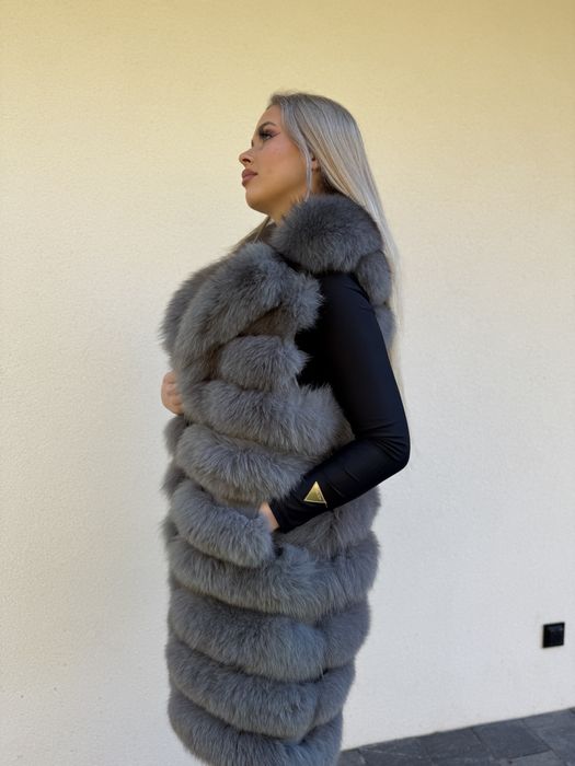 Kamizelka kołnierz z lisa szara 2 w 1 futro naturalne nowa rzędowa m