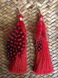 Kolczyki wiszące Boho/Etniczne/Frędzle + Piórka, Czerwień/Red