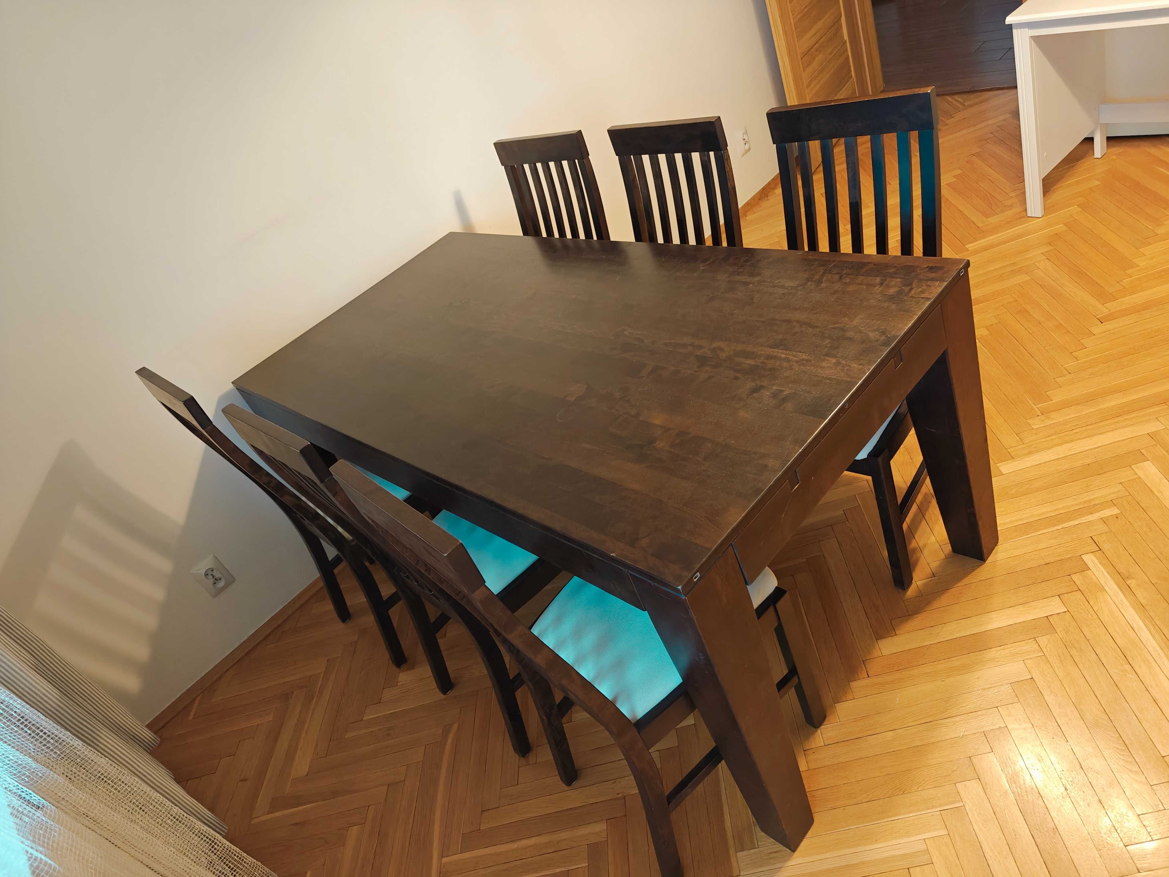 Komplet duży stół + 8 krzeseł + 2 dostawki - lite drewno szlachetne