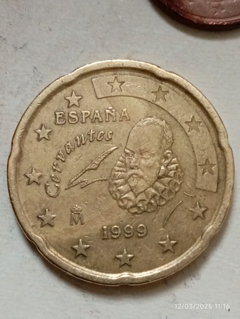 Moeda de 20 cêntimos Espanha 1999 com vários defeitos.