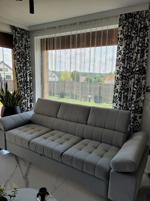 Komplet 2 dużych zasłon Eurofirany, welurowy wzór kwiaty/liście