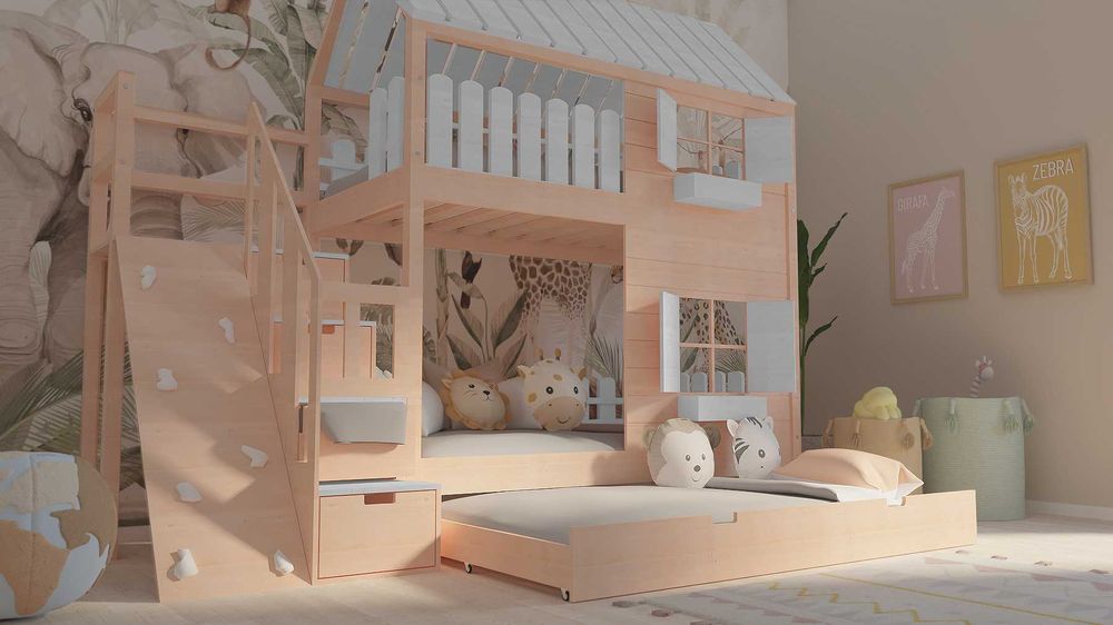 Łóżko piętrowe domek ze schodami i ścianką wspinaczkową