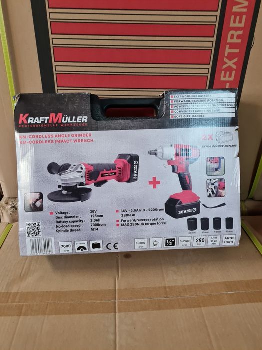 Conjunto de rebarbadora e pistola de impacto como 2 baterias 36 voltes