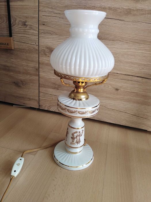 Lampa grecka biała złota nocna stołowa szkło klosz