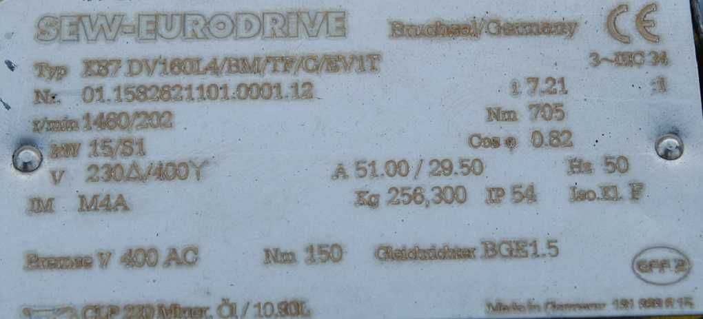 Motoreduktor kątowy 15kw. 202obr./min. z hamulcem firmy SEW.