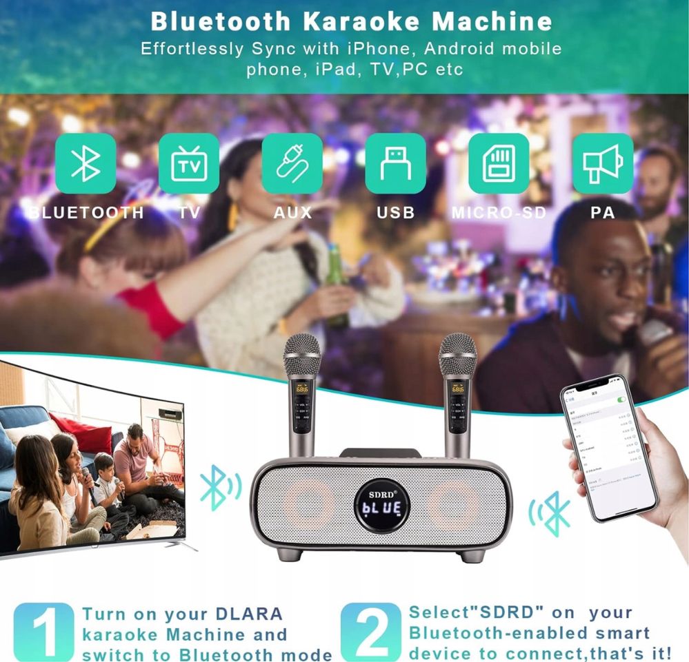 Maszyna karaoke przenośna, Bluetooth, mikrofony