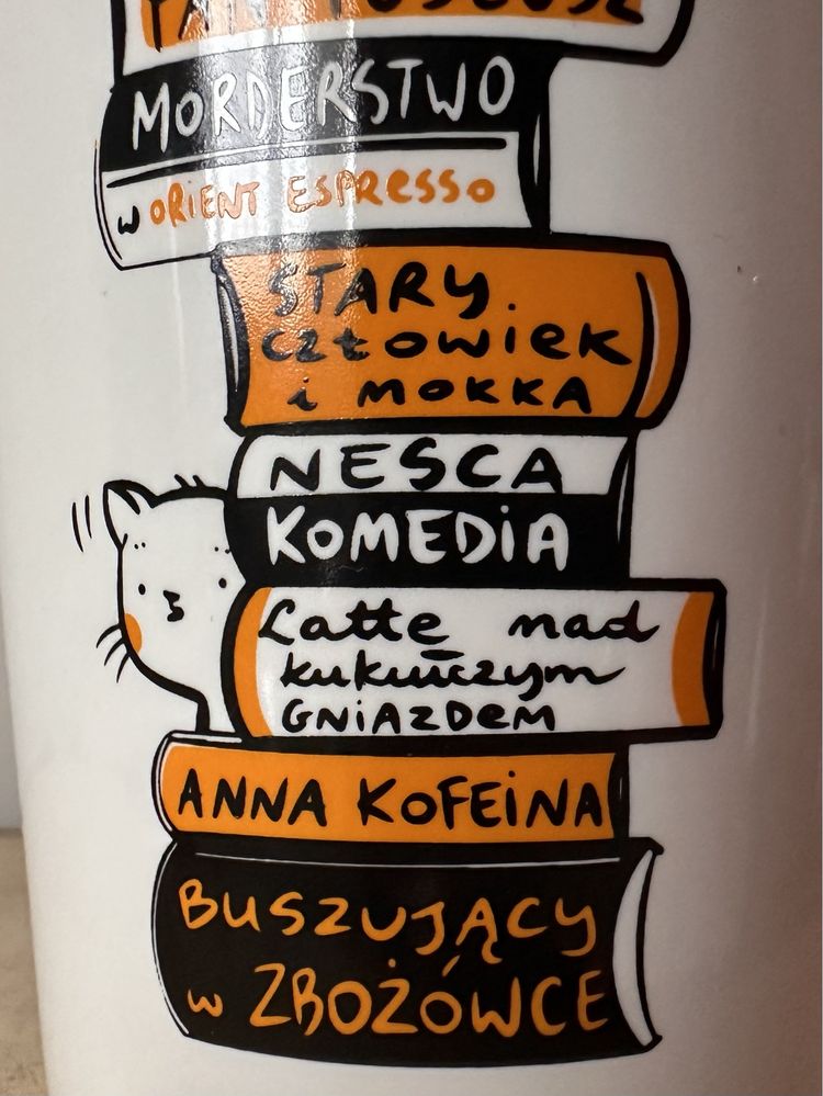 Duży porcelanowy kubek dla fana kawy, książek, kotów