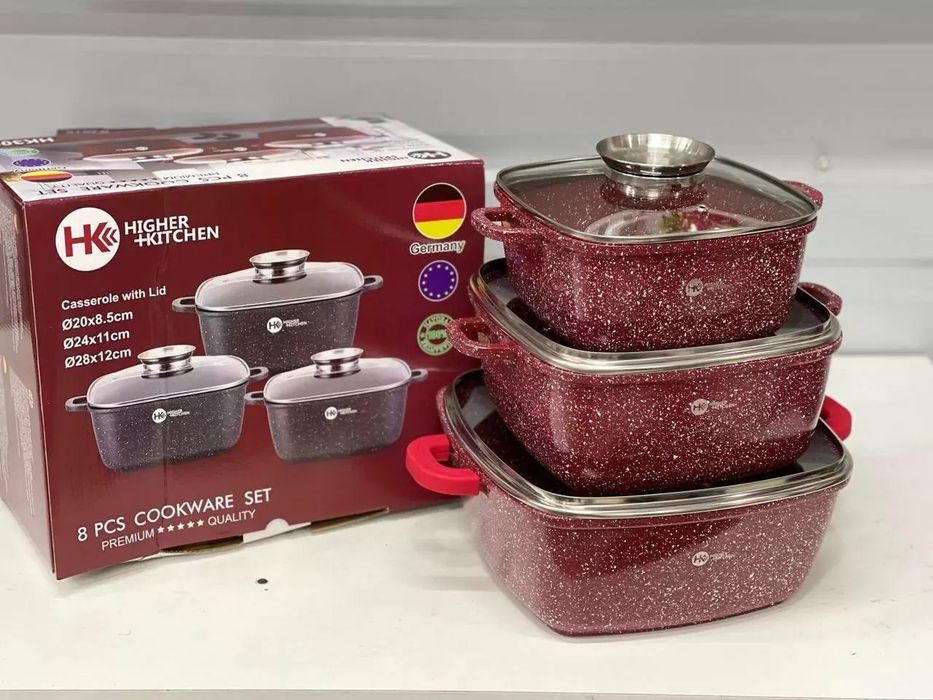 Набір каструль Higher Kitchen HK-302 ЧЕРВОНІ з гранітним антипригарним