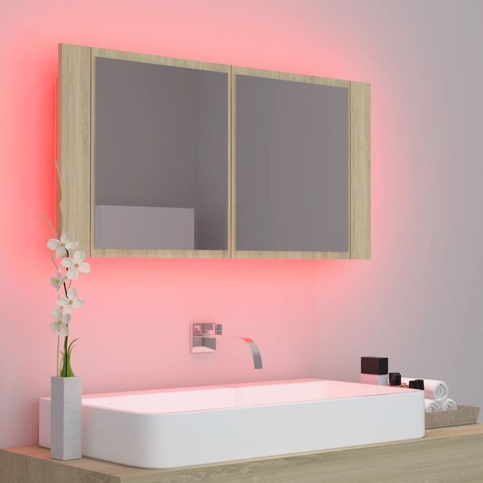 Vidaxl Szafka Łazienkowa Z Lustrem I Led, Dąb Sonoma, 90X12X45 Cm