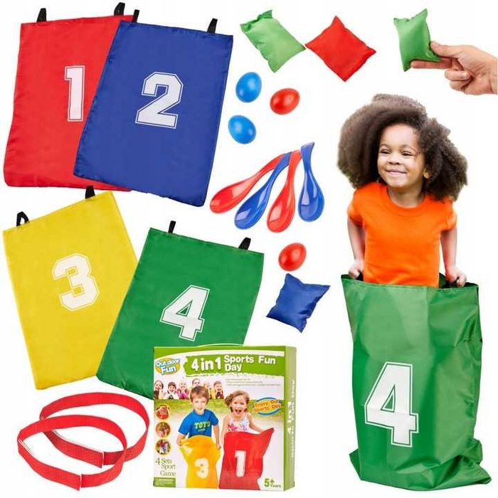 Zestaw sportowy animacyjny 4 w 1 worki jajka łyżki szarfy woreczki