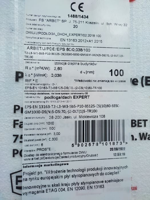 styropian dach podłoga  EPS-80 Arbet 210 zł/m3 lambda 0,038 grub. 10
