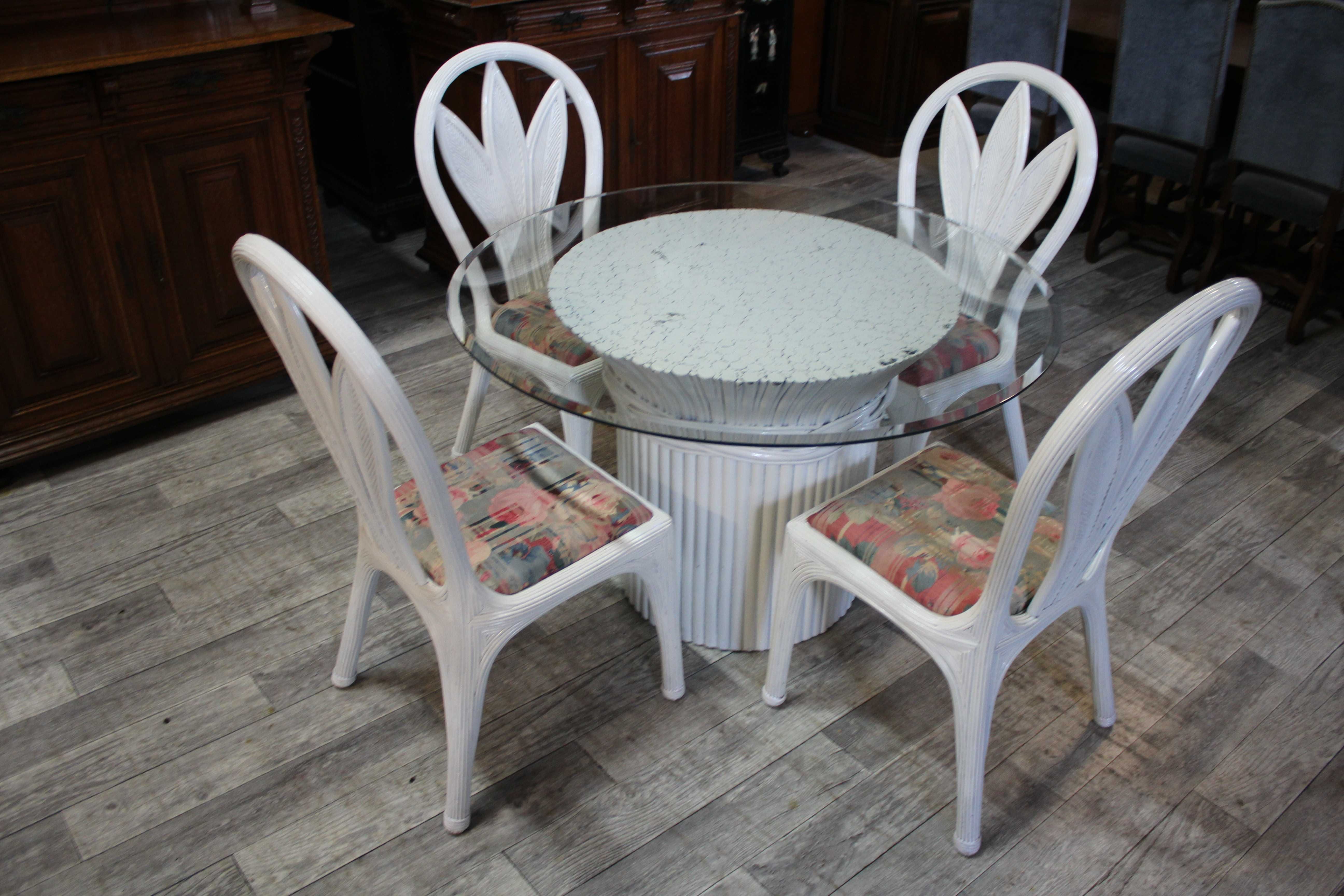 Biały Ogrodowy Ratanowy Komplet Mebli  Stół + 4 Krzesła /Szklany Blat