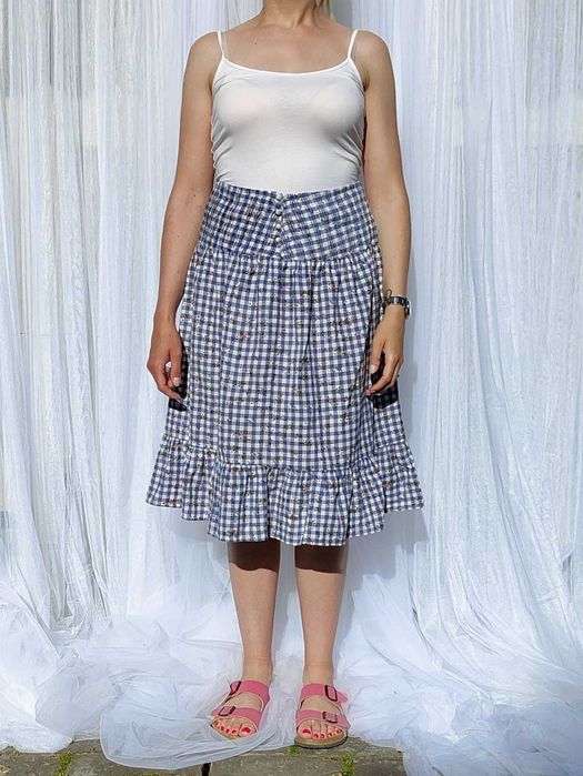 Spódnica Pas 38 M bawełna niebieska kratka kwiatki retro midi milkmaid