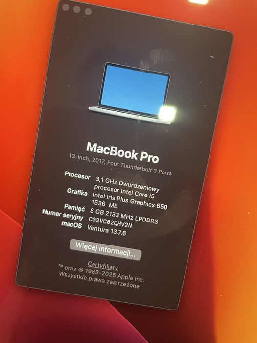 Macbook Pro touchbar 2017 bateria 182 cykle bez ICLOUD i5 8GB