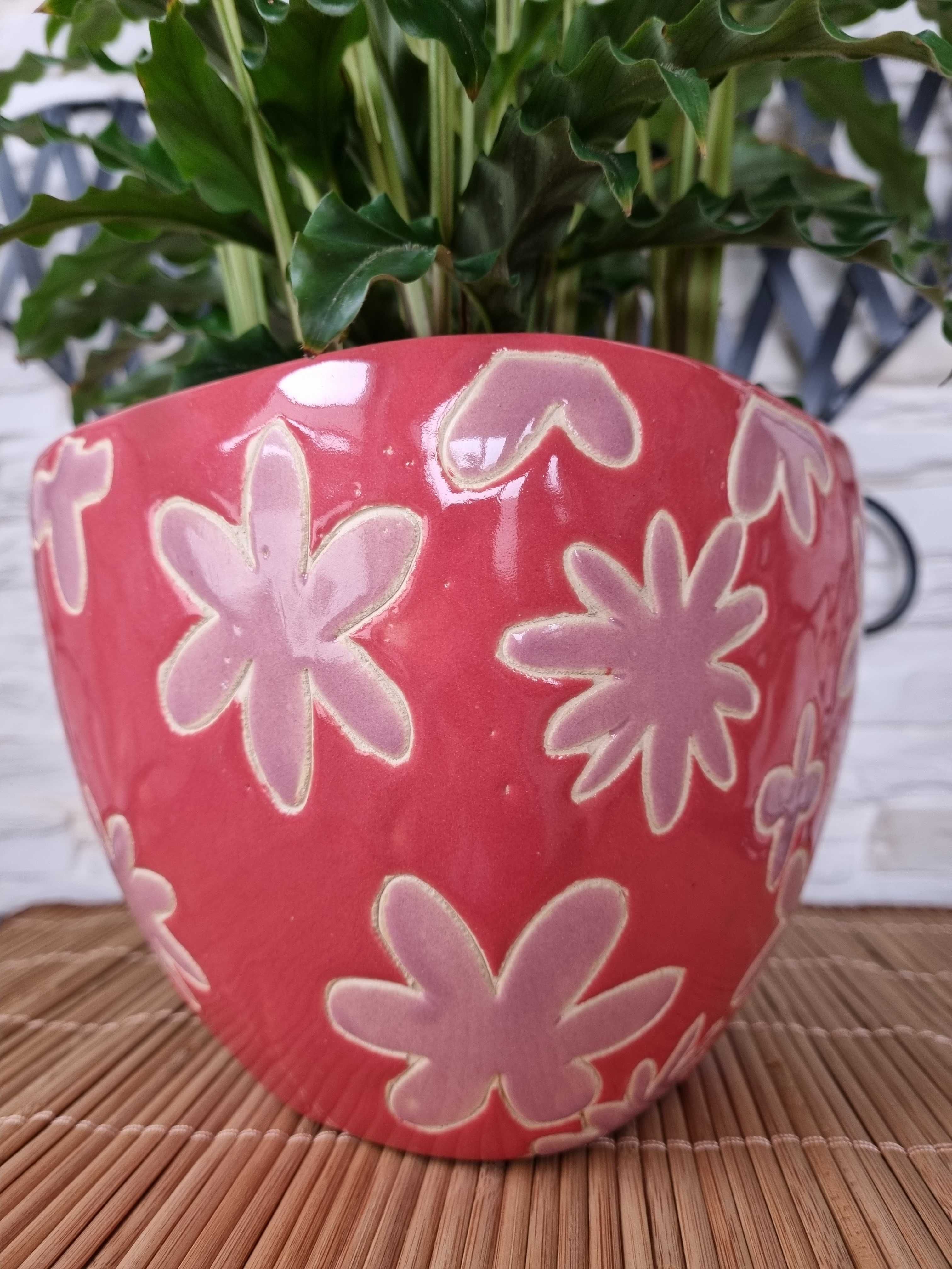 Doniczka Ceramiczna Kwadratowa Kwiaty Amarantowa wys 14cm