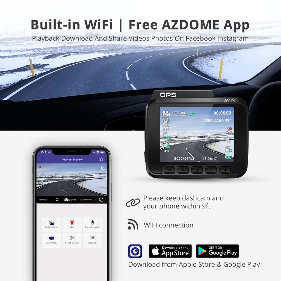 Автомобільна камера AZDOME GS63H з роздільною здатністю 4K, WiFi - GPS