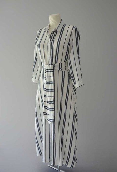 Zara długa lniana sukienka w paski len old money timeless dress 36 S