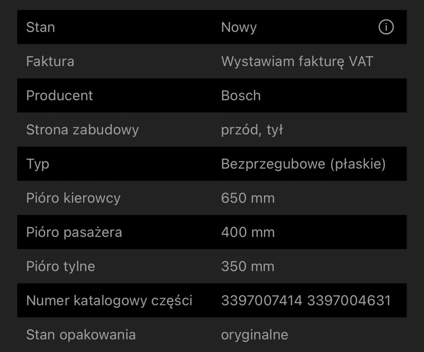 Wycieraczki samochodowe Bosch 600 i 400 mm - Nowe