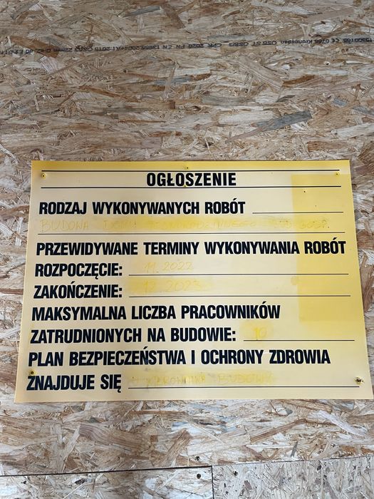 Tablica budowlana Ogłoszenie BIOZ 70x50 cm
