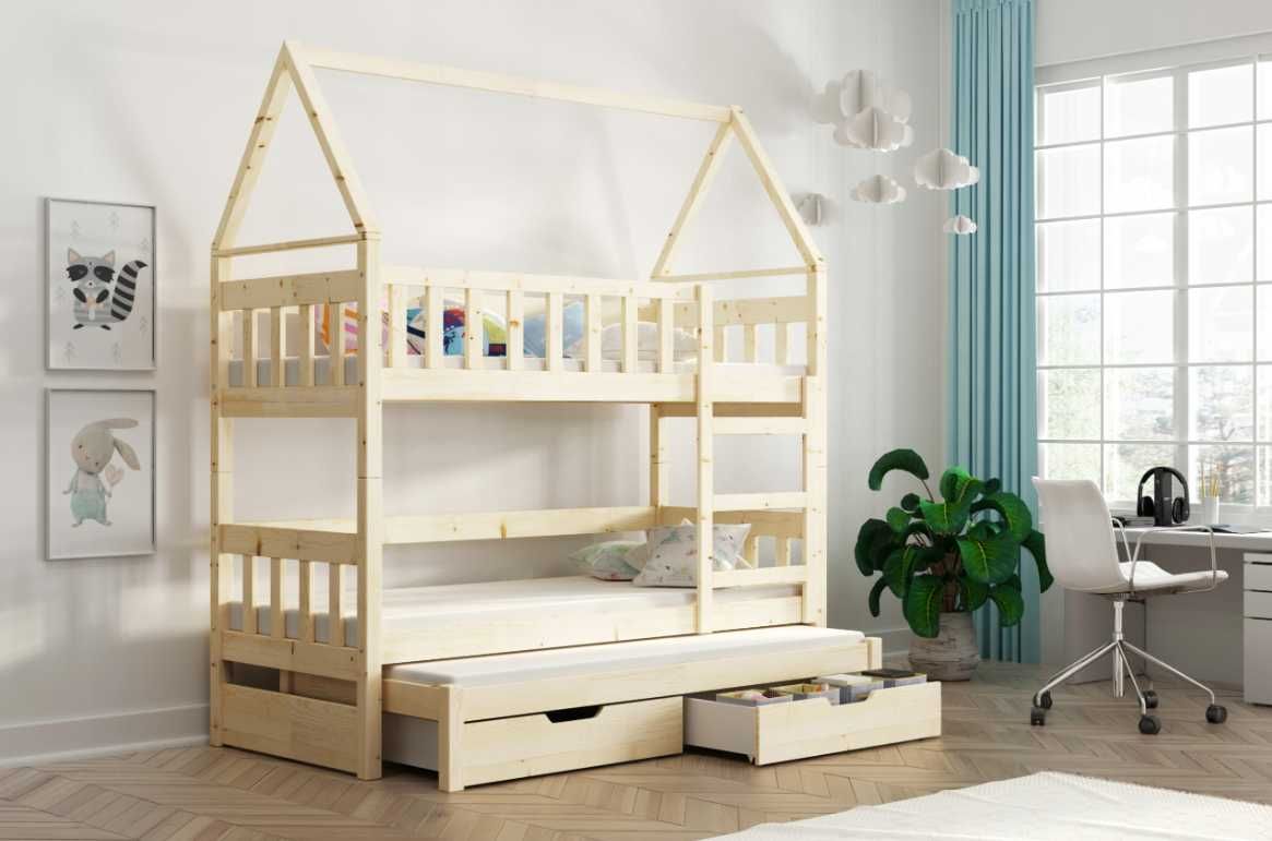 Łóżko piętrowe DOMEK dziecięce 3 osobowe, materace 160x75/180x75