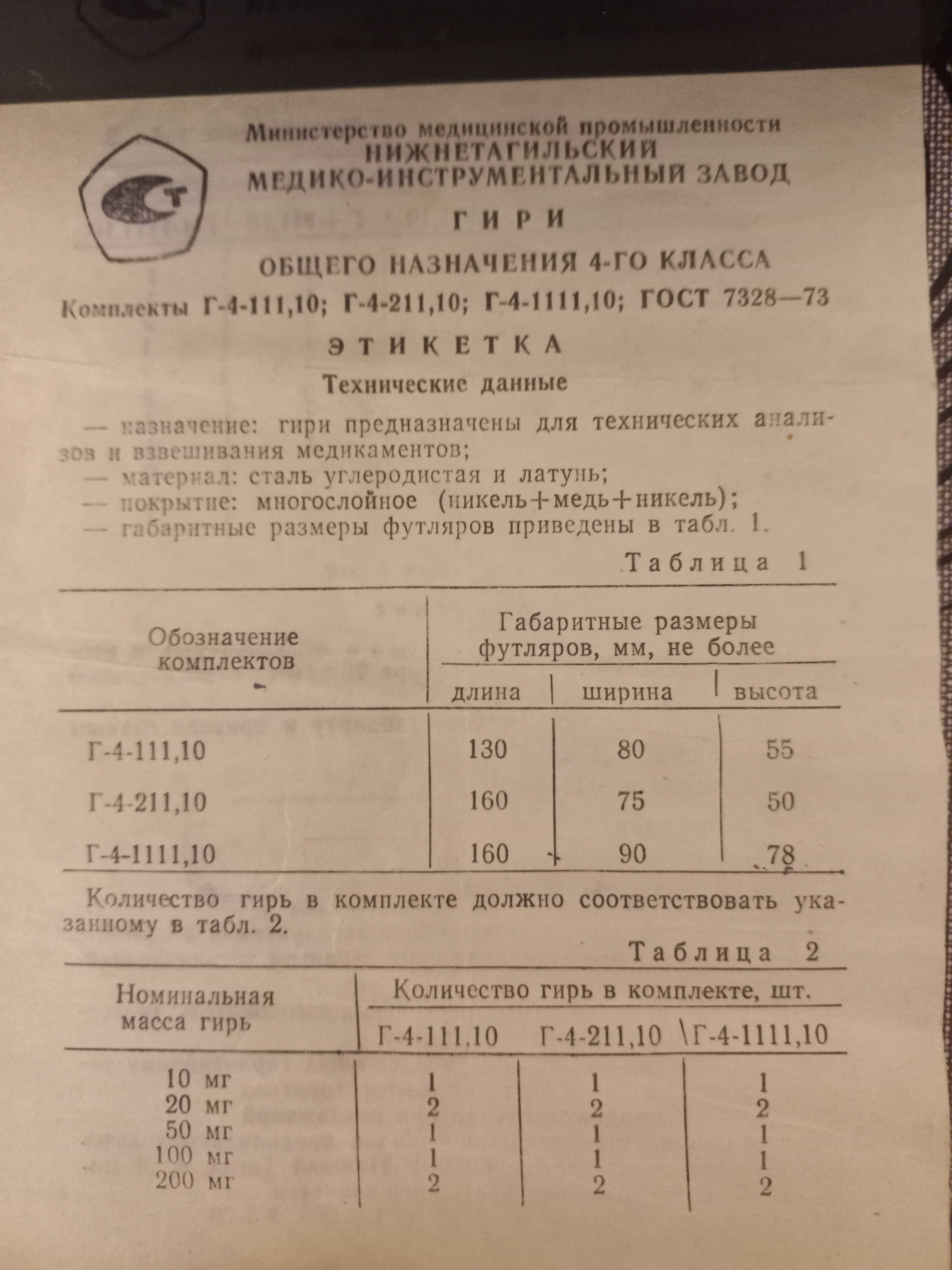 ГИРІ Г-4 211.10 4-ГО КЛАСУ (КОМПЛЕКТ) (ОТ10МГ ДО 100Г)