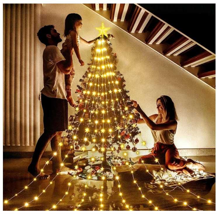 Lampki świąteczne na choinkę z gwiazdą, 9 pasm 2m 198LED, 8 trybów