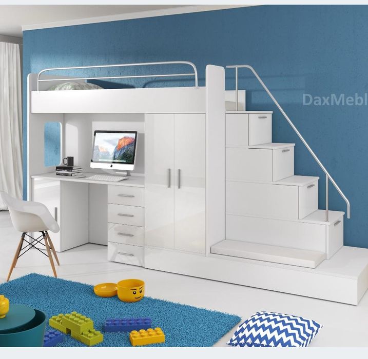 Świetne łóżko piętrowe z biurkiem i szafkami