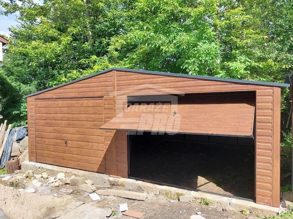 Garaż blaszany 7x5 2x Brama drewnopodobny Dach dwuspadowy GP203