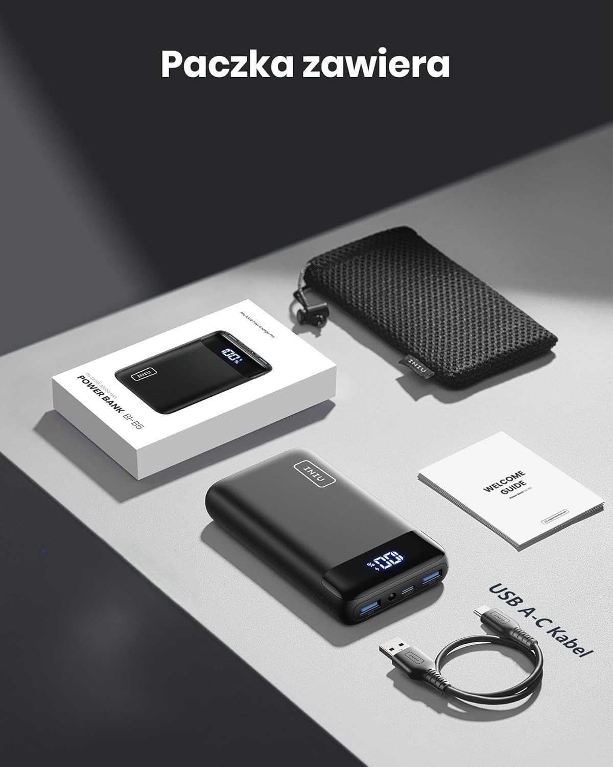 Powerbank 20000mAh szybki kieszonkowy mocny USB-C + latarka INIU BI-B5