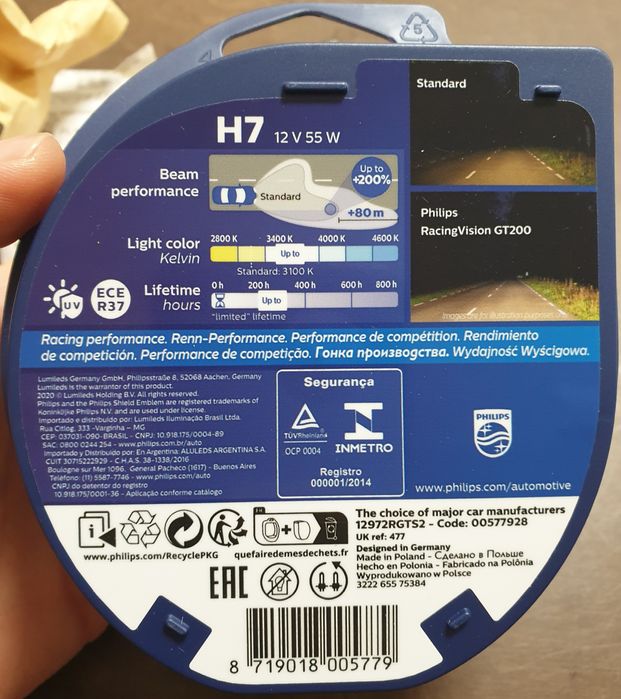 2x Żarówki Philips H7 RacingVision GT200 12v 55W BIAŁE MOCNE ŚWIATŁO