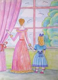 Картина, рисунок цветными карандашами. "Мама с дочкой". Композиция, А3