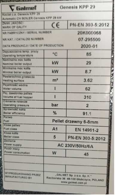 Kocioł z podajnikiem, na pellet 29 kW- 5 klasa, EcoDesign