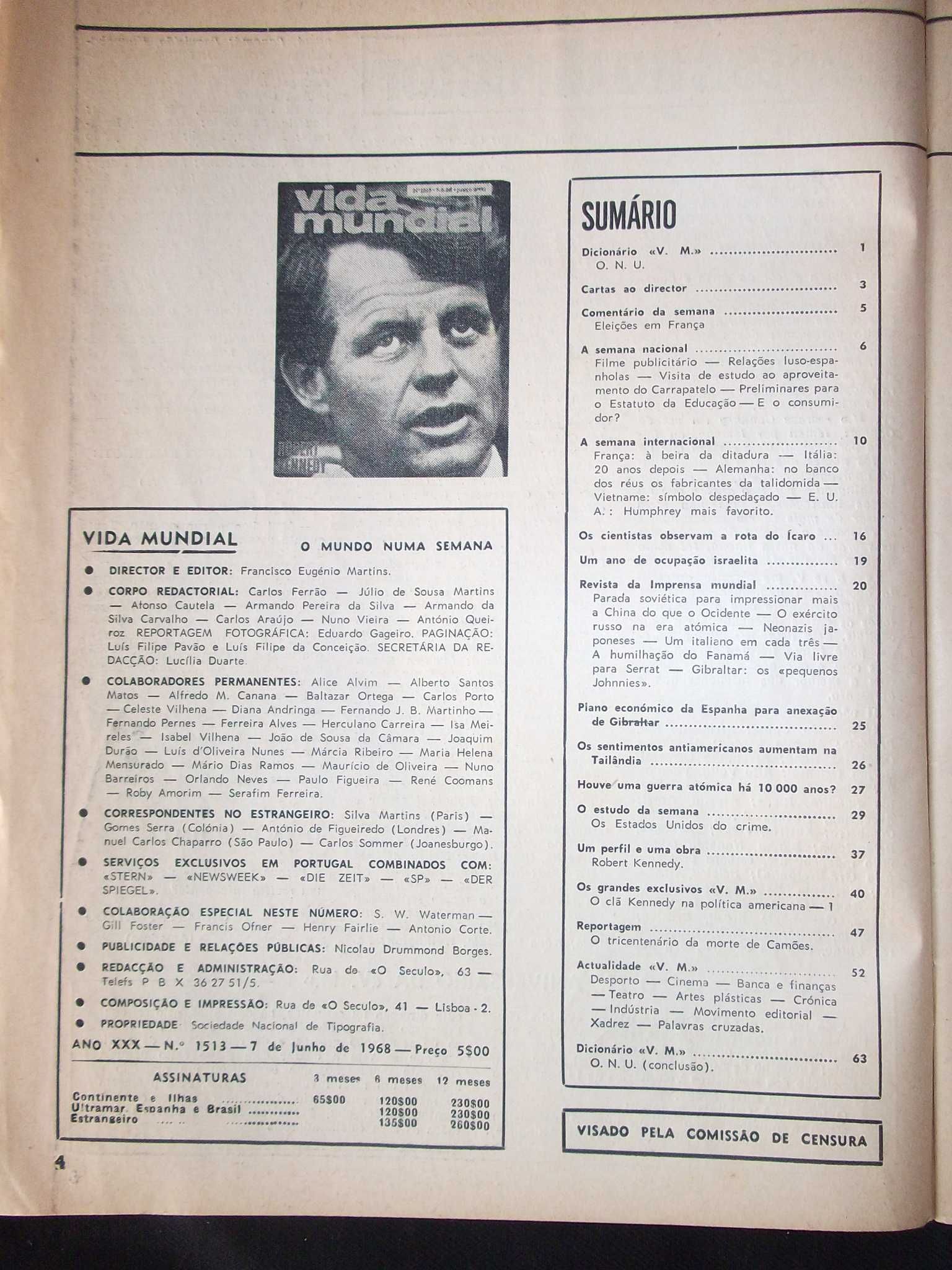 Revista Vida Mundial 1513 de 07/06/1968 kennedy