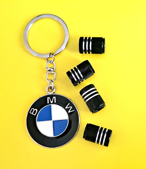 ** NOWY Breloczek BMW + Nakrętki na wentyle czarne komplet tuning