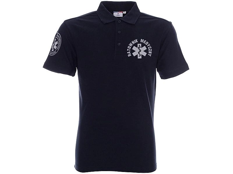 Koszulka Polo ratownicza granatowa męska odblaskowa FUNKCYJNA - nadruk
