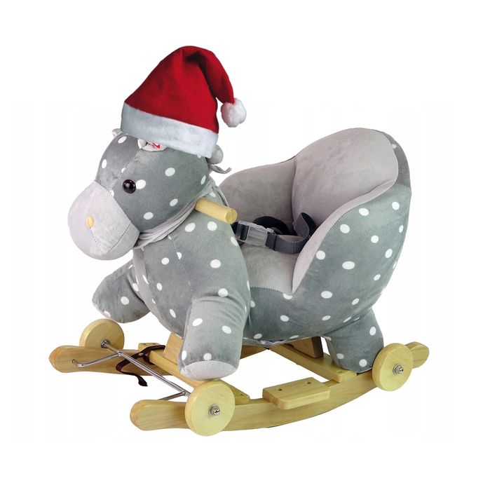 Konik jeździk 2w1 na biegunach bujany z pasami dźwięk szary + czapka