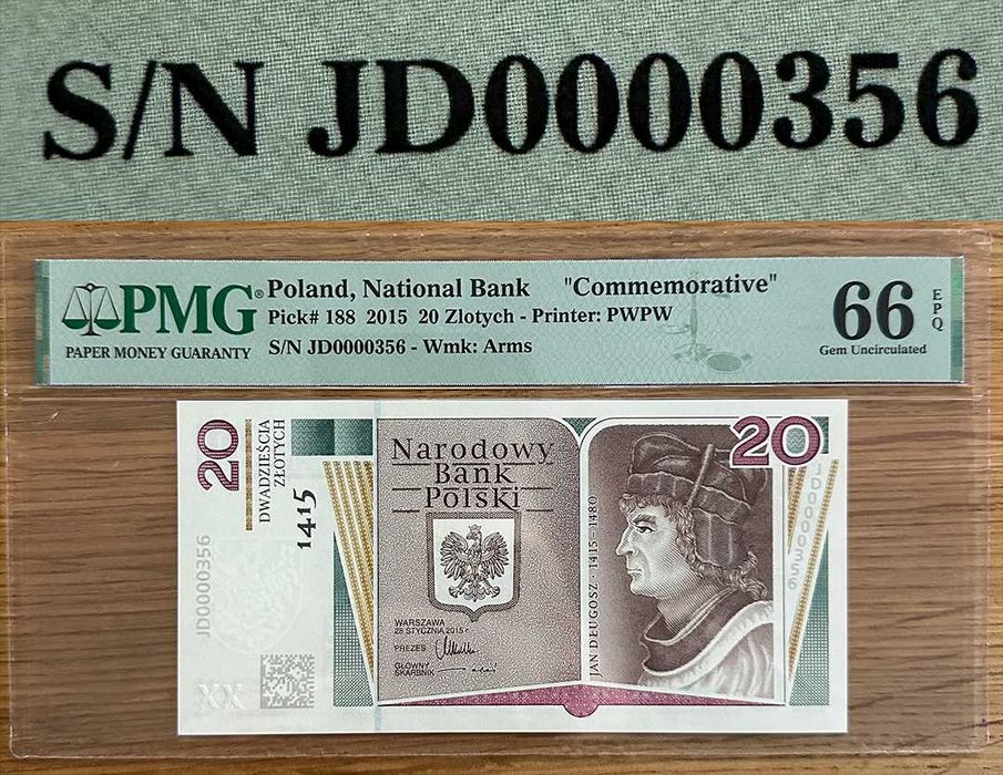 20 zł Długosz niski numer 356 PMG 66 EPQ banknot kolekcjonerski 2015