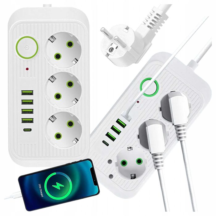 Listwa zasilająca przedłużacz 2m 3xgniazda 5x USB ładowarka włącznik