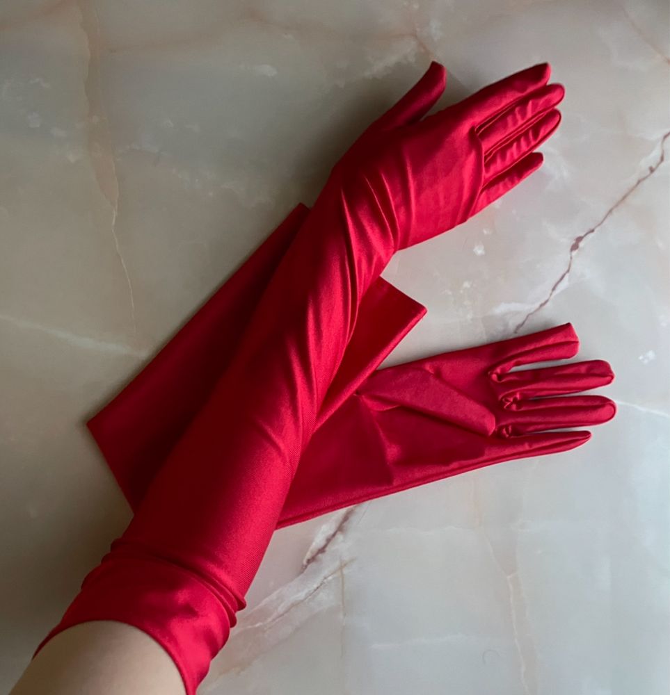 Сатинові чорні/білі/бежеві/червоні довгі рукавички для фото/образу