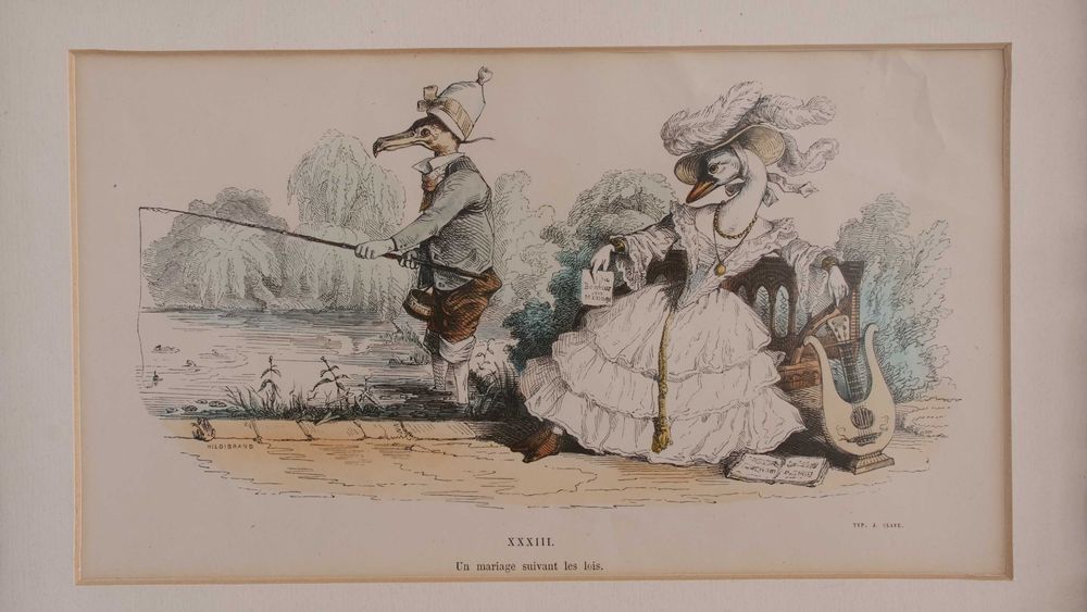 Gravura satírica francesa emoldurada - "Un mariage suivant le lois"